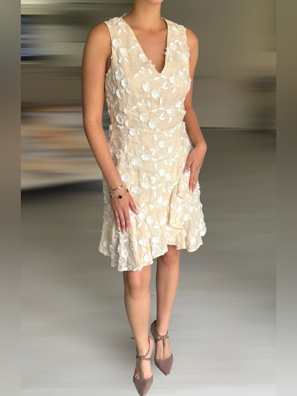 Rebecca Taylor Linen Nicola Floral Embroidery Mini Dress